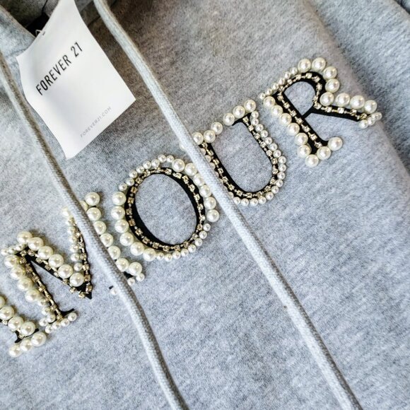 Forever 21 Amour Grey Hoodie Pearls Crystals Sz L Kangaroo Pocket Embellished - Picture 10 of 13